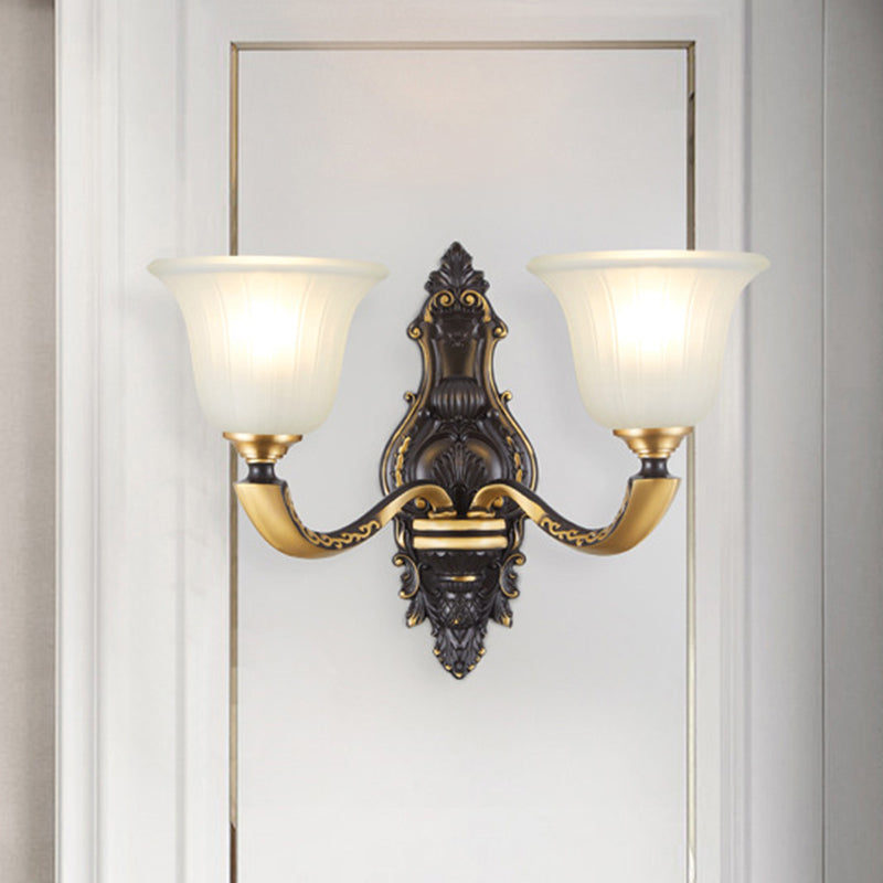 Farmhouse Bell Wall Lighting 1/2-Bulb White Fluted Glass Wall Mounted Lamp in Black and Gold Clearhalo 'Wall Lamps & Sconces' 'Wall Lights' Lighting' 1580679