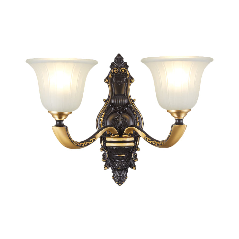 Farmhouse Bell Wall Lighting 1/2-Bulb White Fluted Glass Wall Mounted Lamp in Black and Gold Clearhalo 'Wall Lamps & Sconces' 'Wall Lights' Lighting' 1580680