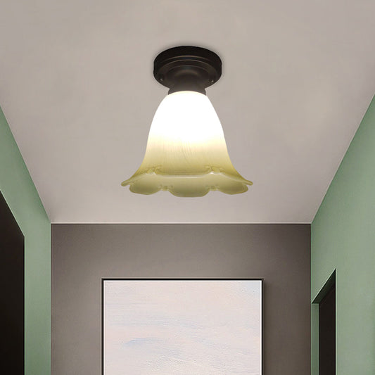 Single Head Flush Lamp Cottage Flower White Glass Ceiling Flush Mount Light in Black White Clearhalo 'Ceiling Lights' 'Close To Ceiling Lights' 'Close to ceiling' 'Flush mount' Lighting' 1580686