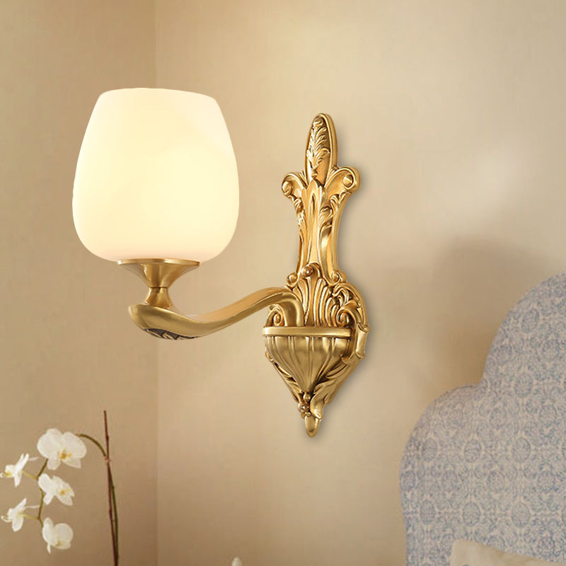 Brass 1/2-Light Wall Sconce Countryside Cream Glass Cup Shape Wall Lighting Fixture for Bedroom 1.0 Brass Clearhalo 'Wall Lamps & Sconces' 'Wall Lights' Lighting' 1580690