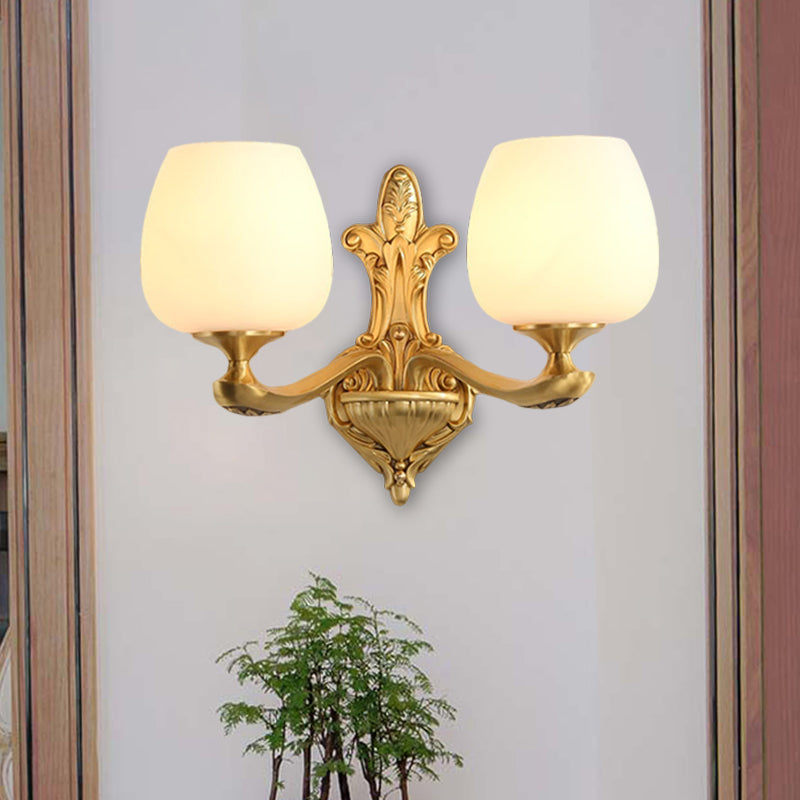 Brass 1/2-Light Wall Sconce Countryside Cream Glass Cup Shape Wall Lighting Fixture for Bedroom Clearhalo 'Wall Lamps & Sconces' 'Wall Lights' Lighting' 1580695