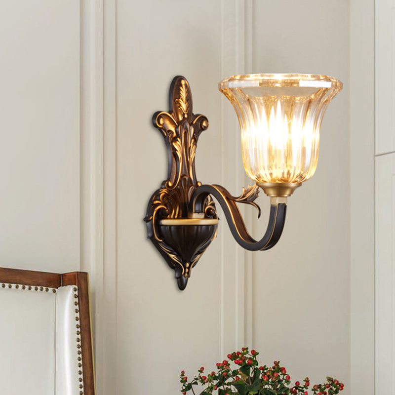 Antiqued Inverted Bell Wall Lamp 1/2-Light Ribbed Glass Wall Lighting Fixture with Curvy Arm in Brass 1.0 Brass Clearhalo 'Wall Lamps & Sconces' 'Wall Lights' Lighting' 1580731