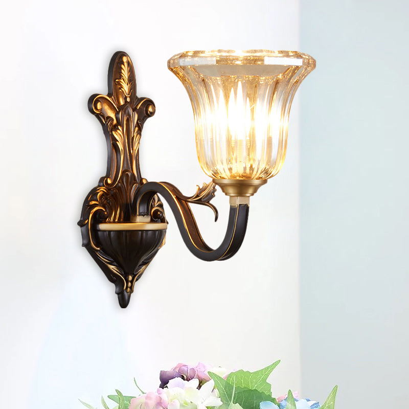 Antiqued Inverted Bell Wall Lamp 1/2-Light Ribbed Glass Wall Lighting Fixture with Curvy Arm in Brass Clearhalo 'Wall Lamps & Sconces' 'Wall Lights' Lighting' 1580732