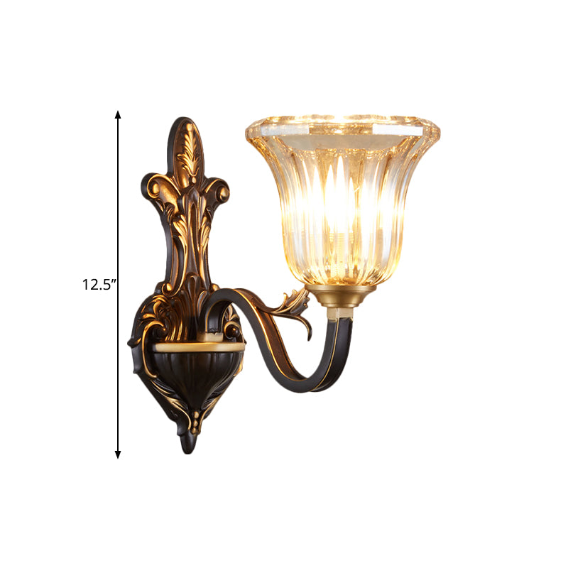 Antiqued Inverted Bell Wall Lamp 1/2-Light Ribbed Glass Wall Lighting Fixture with Curvy Arm in Brass Clearhalo 'Wall Lamps & Sconces' 'Wall Lights' Lighting' 1580734