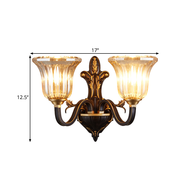 Antiqued Inverted Bell Wall Lamp 1/2-Light Ribbed Glass Wall Lighting Fixture with Curvy Arm in Brass Clearhalo 'Wall Lamps & Sconces' 'Wall Lights' Lighting' 1580738