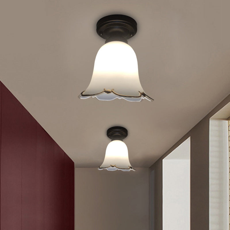 Bloom Hallway Ceiling Light Rustic Style White Glass 1 Bulb Black Flush Mount Fixture White Clearhalo 'Ceiling Lights' 'Close To Ceiling Lights' 'Close to ceiling' 'Flush mount' Lighting' 1580767