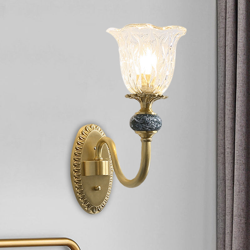 1/2-Head Floral Wall Mount Lamp Classic Style Brass Clear Ribbed Glass Wall Sconce Lighting with Swooping Arm 1.0 Brass Clearhalo 'Wall Lamps & Sconces' 'Wall Lights' Lighting' 1580780