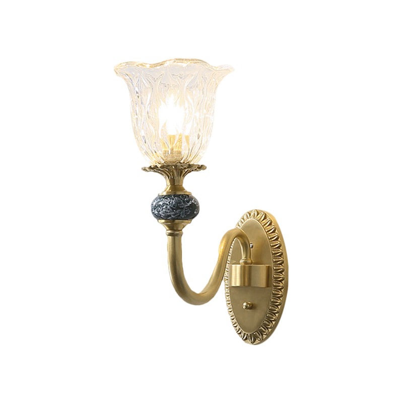 1/2-Head Floral Wall Mount Lamp Classic Style Brass Clear Ribbed Glass Wall Sconce Lighting with Swooping Arm Clearhalo 'Wall Lamps & Sconces' 'Wall Lights' Lighting' 1580782