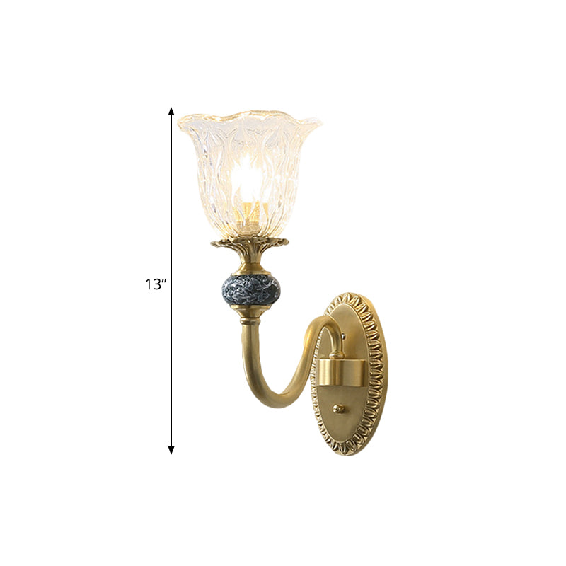 1/2-Head Floral Wall Mount Lamp Classic Style Brass Clear Ribbed Glass Wall Sconce Lighting with Swooping Arm Clearhalo 'Wall Lamps & Sconces' 'Wall Lights' Lighting' 1580783