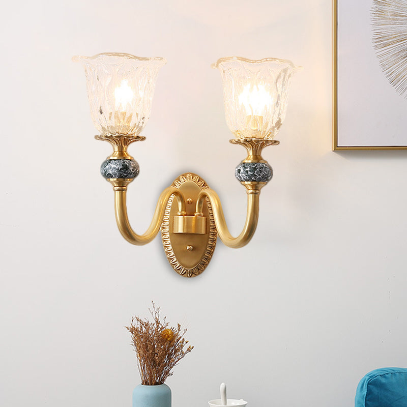 1/2-Head Floral Wall Mount Lamp Classic Style Brass Clear Ribbed Glass Wall Sconce Lighting with Swooping Arm 2.0 Brass Clearhalo 'Wall Lamps & Sconces' 'Wall Lights' Lighting' 1580784