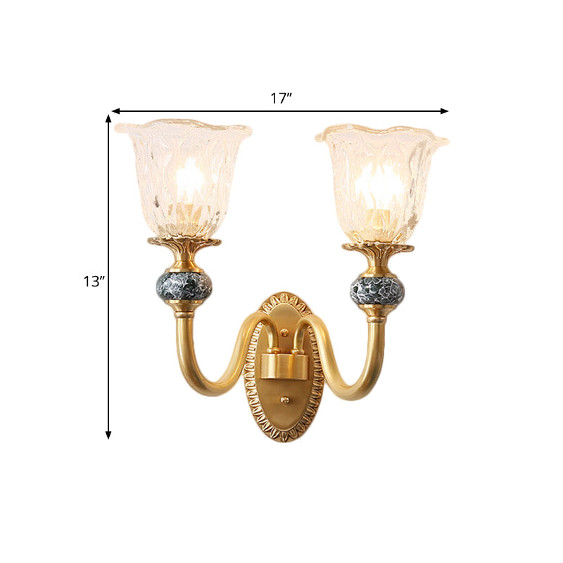 1/2-Head Floral Wall Mount Lamp Classic Style Brass Clear Ribbed Glass Wall Sconce Lighting with Swooping Arm Clearhalo 'Wall Lamps & Sconces' 'Wall Lights' Lighting' 1580788