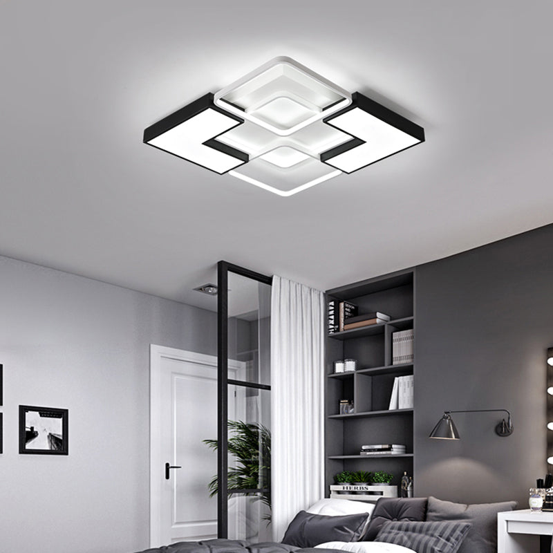 Rectangular/Square Flush Light Contemporary Metal Integrated LED Black Ceiling Light Fixture for Living Room in Warm/White, 20.5"/27"/31.5" W Black White Clearhalo 'Ceiling Lights' 'Close To Ceiling Lights' 'Close to ceiling' 'Flush mount' Lighting' 158147