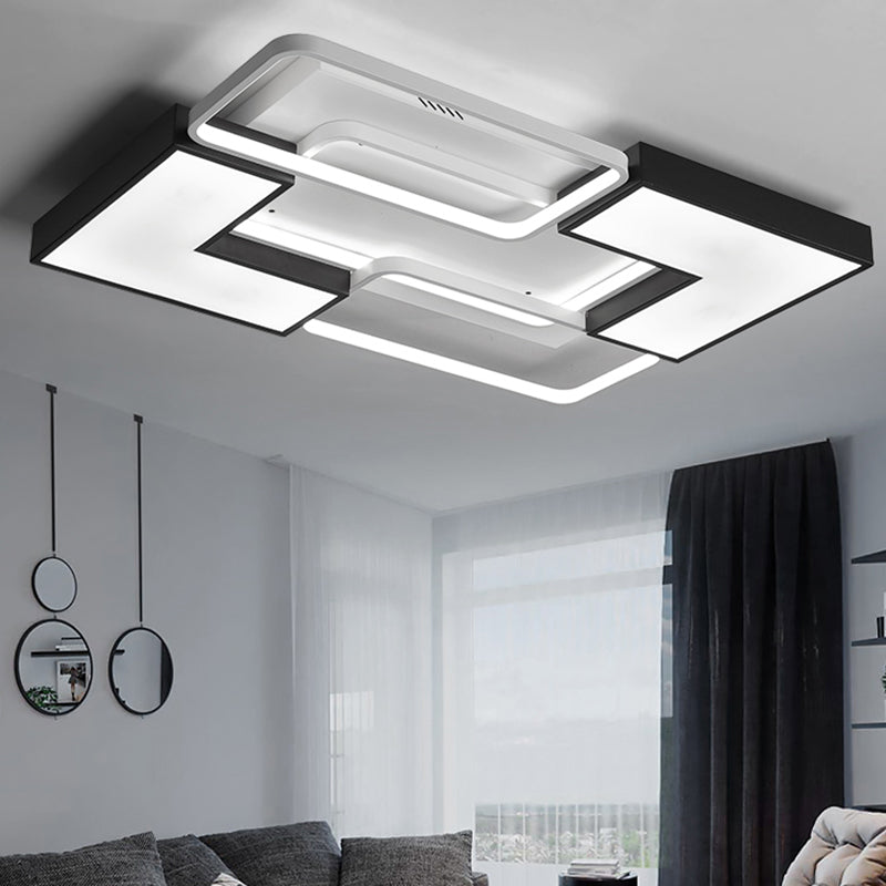 Rectangular/Square Flush Light Contemporary Metal Integrated LED Black Ceiling Light Fixture for Living Room in Warm/White, 20.5"/27"/31.5" W Black White Clearhalo 'Ceiling Lights' 'Close To Ceiling Lights' 'Close to ceiling' 'Flush mount' Lighting' 158153