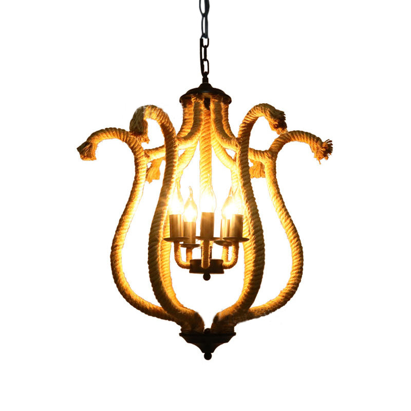 5 Heads Roped Cage Chandelier Lamp Vintage Brown Ceiling Fixture with Flower Shade for Restaurant Clearhalo 'Ceiling Lights' 'Chandeliers' Lighting' options 158167