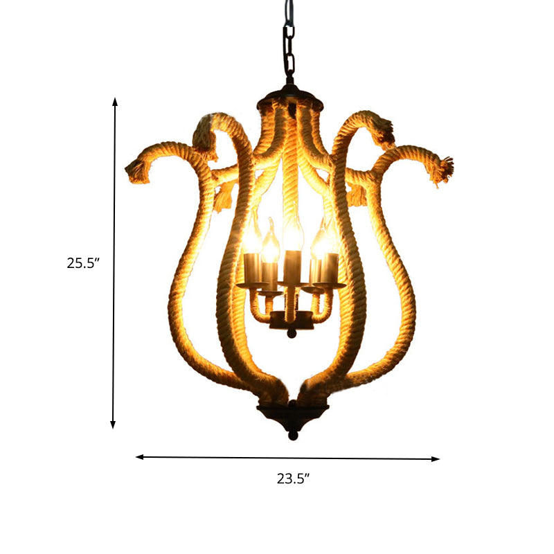 5 Heads Roped Cage Chandelier Lamp Vintage Brown Ceiling Fixture with Flower Shade for Restaurant Clearhalo 'Ceiling Lights' 'Chandeliers' Lighting' options 158168