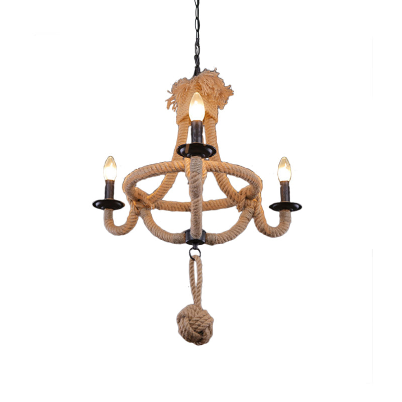3 Heads Bowl Cage Hanging Light Country Style Brown Rope Hanging Lamp with Open Bulb for Restaurant Clearhalo 'Ceiling Lights' 'Chandeliers' Lighting' options 158181