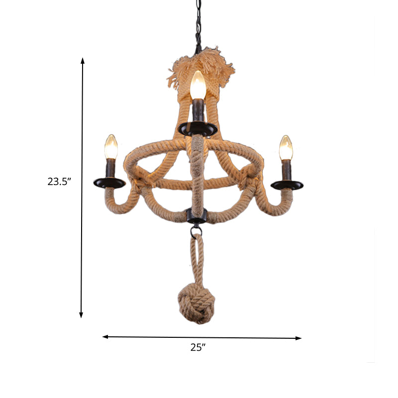 3 Heads Bowl Cage Hanging Light Country Style Brown Rope Hanging Lamp with Open Bulb for Restaurant Clearhalo 'Ceiling Lights' 'Chandeliers' Lighting' options 158182