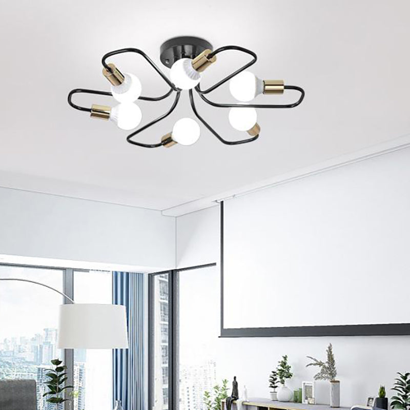 Gold/Black/White Sputnik Semi Flush Ceiling Light Contemporary 6 Lights Metal Ceiling Flush Mount for Bedroom Black Clearhalo 'Ceiling Lights' 'Close To Ceiling Lights' 'Close to ceiling' 'Semi-flushmount' Lighting' 158206