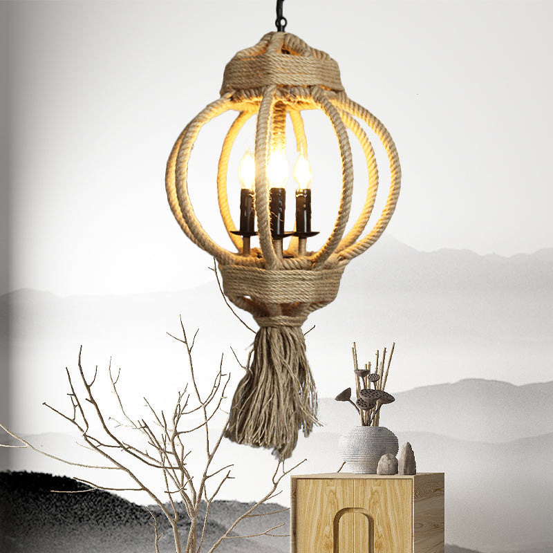 3 Bulbs Lantern Cage Hanging Lamp Country Style Hemp Rope Chandelier Lighting in Beige for Restaurant Clearhalo 'Ceiling Lights' 'Chandeliers' Lighting' options 158231