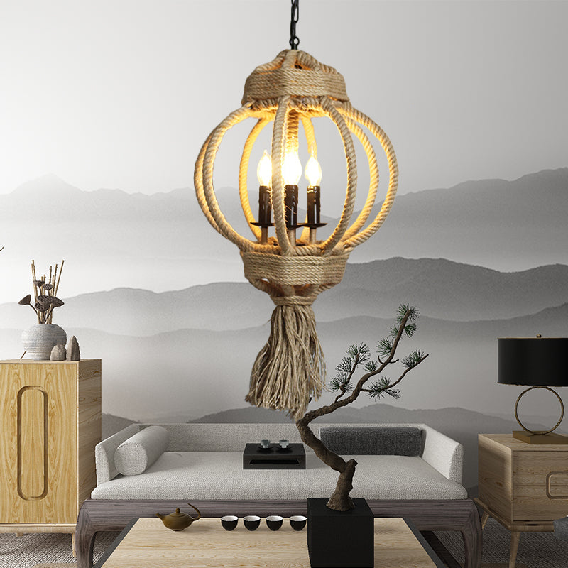 3 Bulbs Lantern Cage Hanging Lamp Country Style Hemp Rope Chandelier Lighting in Beige for Restaurant Clearhalo 'Ceiling Lights' 'Chandeliers' Lighting' options 158232