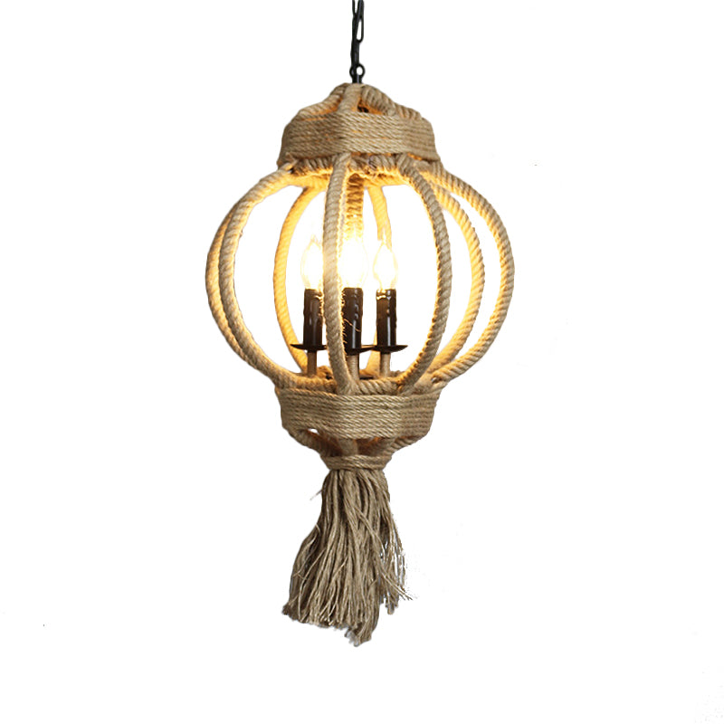 3 Bulbs Lantern Cage Hanging Lamp Country Style Hemp Rope Chandelier Lighting in Beige for Restaurant Clearhalo 'Ceiling Lights' 'Chandeliers' Lighting' options 158233