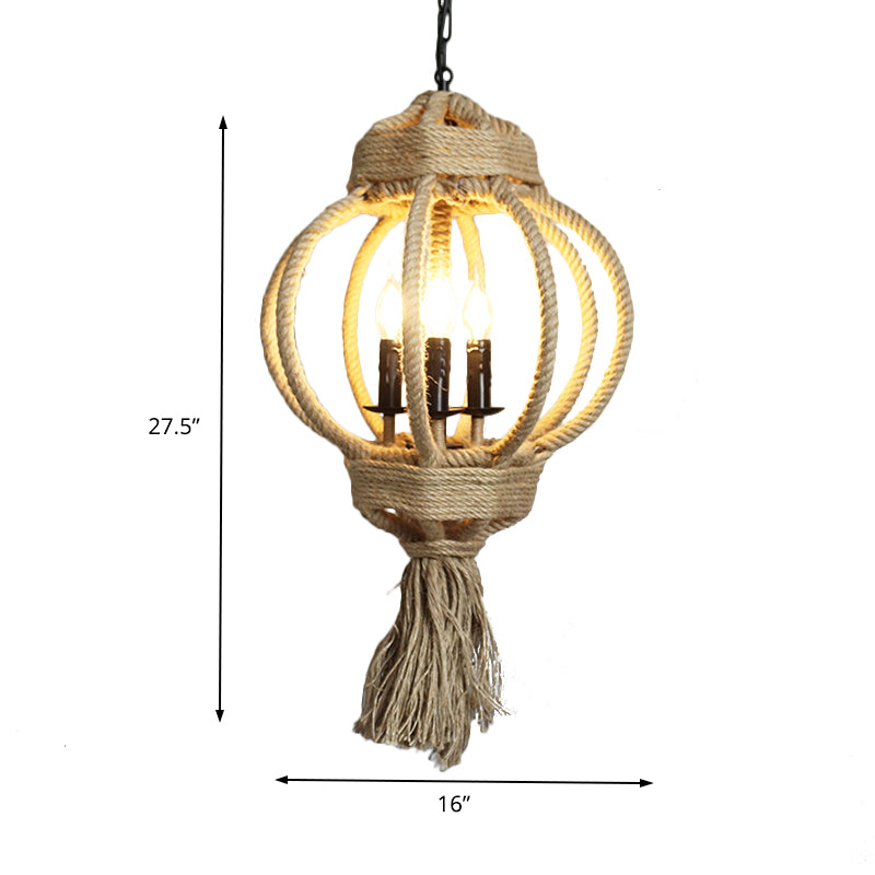 3 Bulbs Lantern Cage Hanging Lamp Country Style Hemp Rope Chandelier Lighting in Beige for Restaurant Clearhalo 'Ceiling Lights' 'Chandeliers' Lighting' options 158234