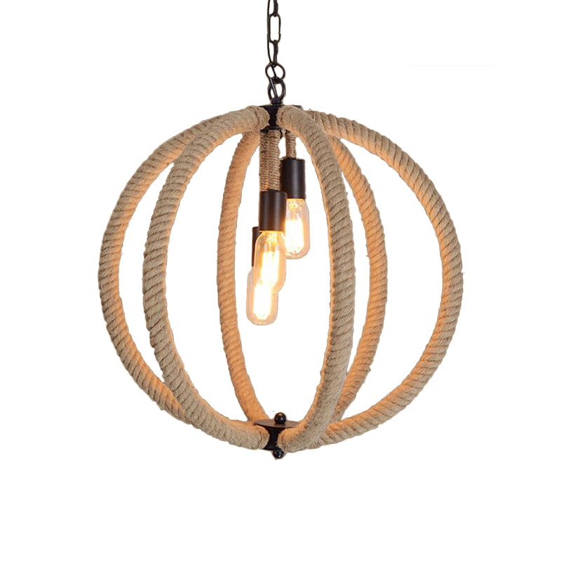 Orb Shade Hallway Chandelier Hanging Light Retro Style Hemp Rope 3 Lights Beige Ceiling Lamp Clearhalo 'Ceiling Lights' 'Chandeliers' Lighting' options 158237