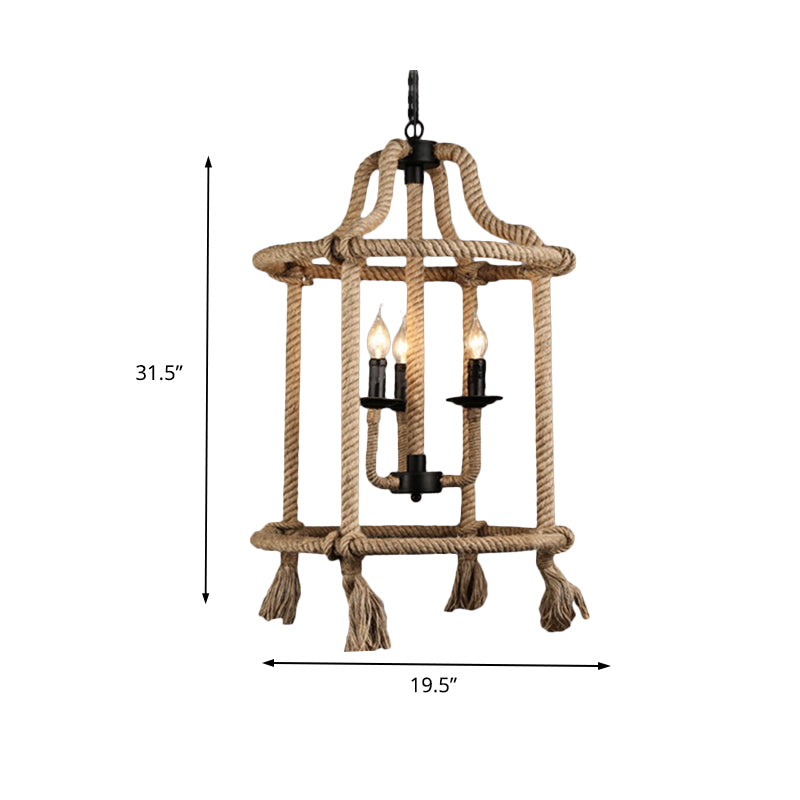 Brown Geometric Ceiling Light with Cage Shade Retro Style Hemp Rope 3 Lights Dining Room Chandelier Lighting Clearhalo 'Ceiling Lights' 'Chandeliers' Lighting' options 158266