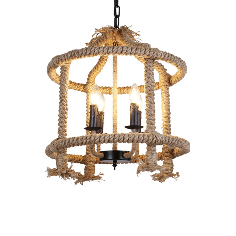 Roped Cage Shade Pendant Lamp Lodge Stylish 4 Lights Restaurant Hanging Light Fixture in Brown Clearhalo 'Ceiling Lights' 'Chandeliers' Lighting' options 158273