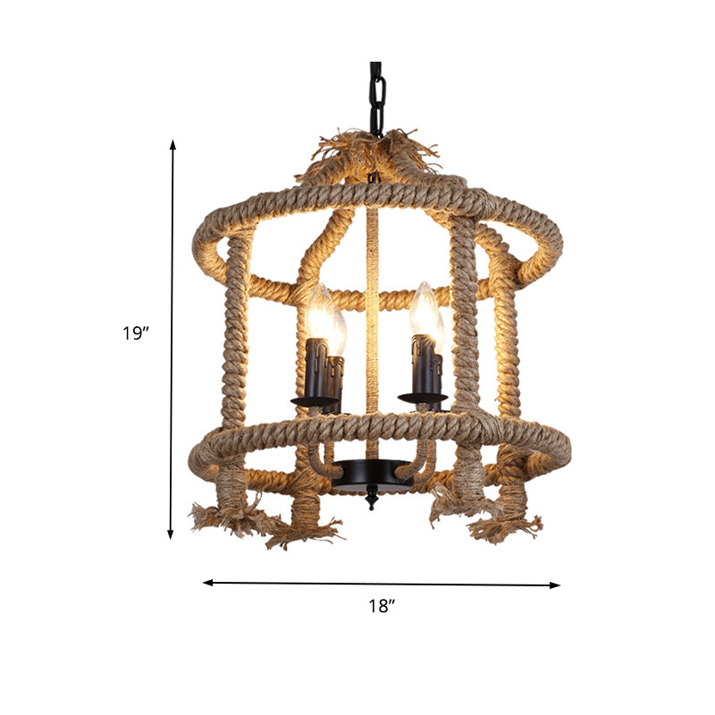 Roped Cage Shade Pendant Lamp Lodge Stylish 4 Lights Restaurant Hanging Light Fixture in Brown Clearhalo 'Ceiling Lights' 'Chandeliers' Lighting' options 158274