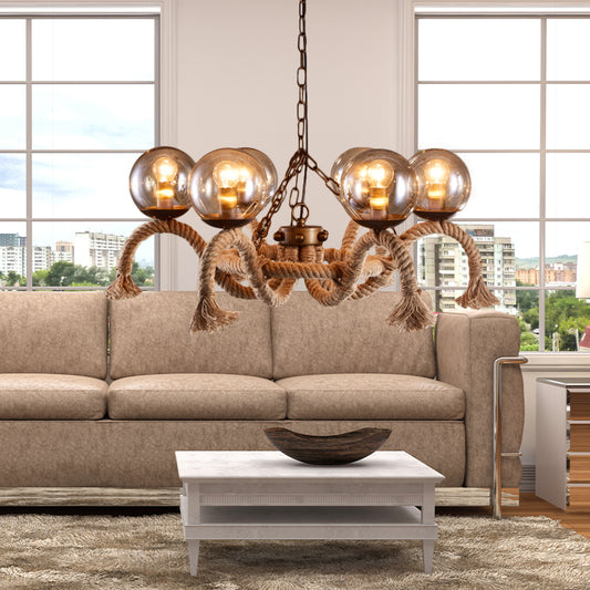 6 Lights Global Chandelier Lighting Retro Rust Finish Rope Suspension Light with Smoke Grey Glass Shade Rust Clearhalo 'Ceiling Lights' 'Chandeliers' 'Industrial Chandeliers' 'Industrial' 'Middle Century Chandeliers' 'Tiffany' Lighting' 158291