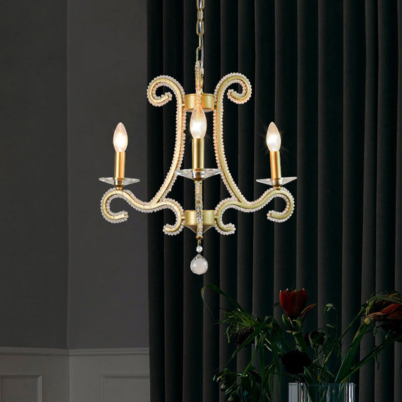 Traditional Candlestick Chandelier 3/6 Heads Crystal Beaded Suspension Lighting with Scroll Arm in Gold 3 Gold Clearhalo 'Ceiling Lights' 'Chandeliers' Lighting' options 1583263_aa55d569-19cf-4e74-b797-14d230a55876