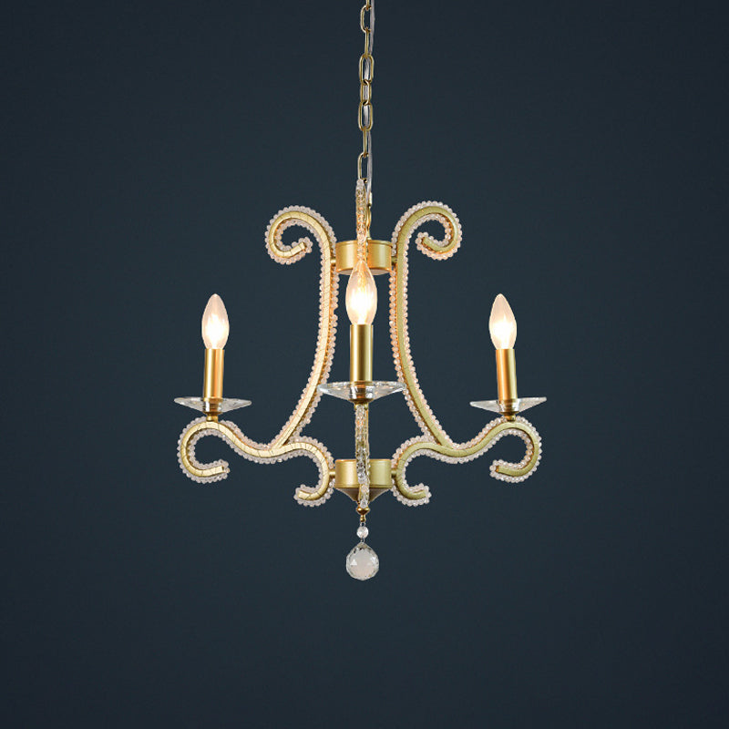 Traditional Candlestick Chandelier 3/6 Heads Crystal Beaded Suspension Lighting with Scroll Arm in Gold Clearhalo 'Ceiling Lights' 'Chandeliers' Lighting' options 1583265