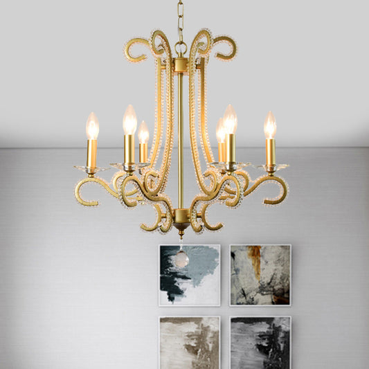 Traditional Candlestick Chandelier 3/6 Heads Crystal Beaded Suspension Lighting with Scroll Arm in Gold Clearhalo 'Ceiling Lights' 'Chandeliers' Lighting' options 1583267