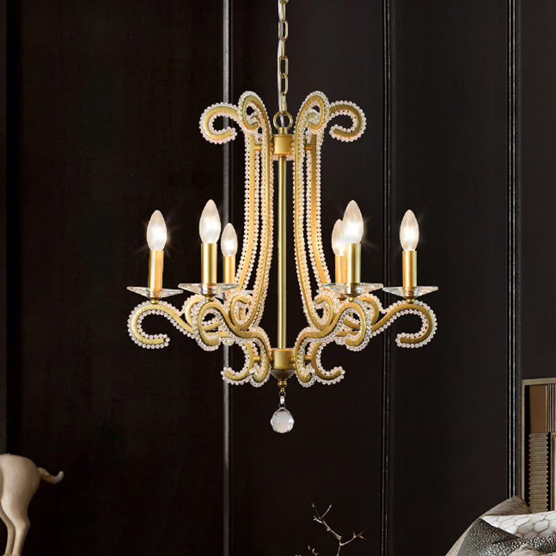 Traditional Candlestick Chandelier 3/6 Heads Crystal Beaded Suspension Lighting with Scroll Arm in Gold Clearhalo 'Ceiling Lights' 'Chandeliers' Lighting' options 1583268