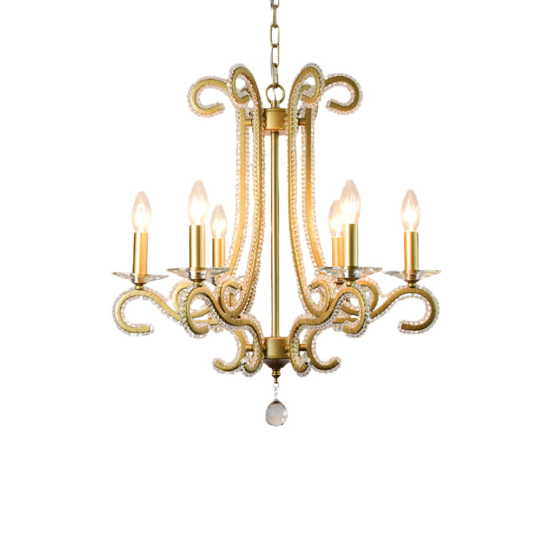 Traditional Candlestick Chandelier 3/6 Heads Crystal Beaded Suspension Lighting with Scroll Arm in Gold Clearhalo 'Ceiling Lights' 'Chandeliers' Lighting' options 1583269