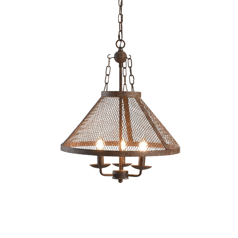 Antique Mesh Flared Pendant Light with Candle 3 Lights Metal Chandelier Lamp in Dark Rust for Dining Room Clearhalo 'Ceiling Lights' 'Chandeliers' Lighting' options 158346
