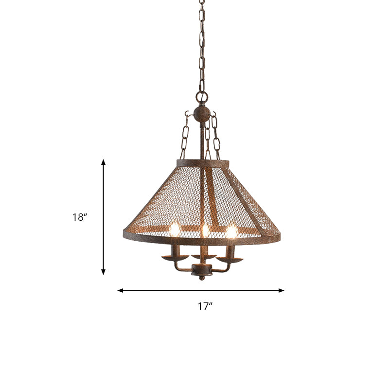 Antique Mesh Flared Pendant Light with Candle 3 Lights Metal Chandelier Lamp in Dark Rust for Dining Room Clearhalo 'Ceiling Lights' 'Chandeliers' Lighting' options 158347