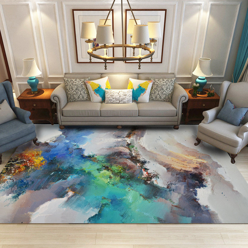 Modern Living Room Rug in Ivory Abstract Landscape Painting Print Rug Polyester Machine Washable Area Rug Blue Clearhalo 'Area Rug' 'Modern' 'Rugs' Rug' 1584290