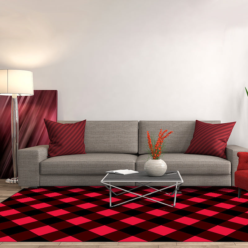 Red Bedroom Rug Modern Plaid Pattern Area Rug Polyester Non-Slip Backing Machine Washable Carpet Clearhalo 'Area Rug' 'Modern' 'Rugs' Rug' 1584489