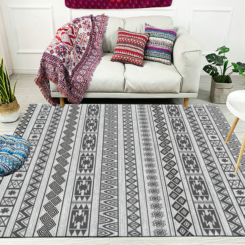 Southwestern Living Room Rug in Grey Stripe Flower Geometry Print Rug Polyester Anti-Slip Backing Area Rug Black Clearhalo 'Area Rug' 'Rugs' 'Southwestern' Rug' 1584630