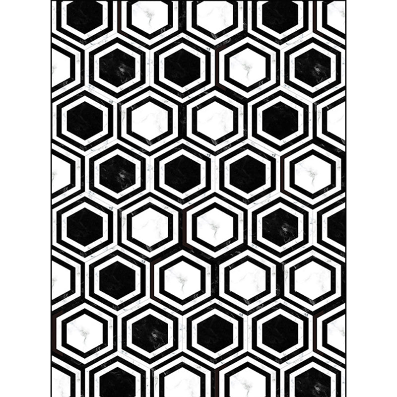 Black and White Bedroom Rug Modern Hexagon Pattern Area Rug Polyester Machine Washable Carpet Clearhalo 'Area Rug' 'Modern' 'Rugs' Rug' 1585127