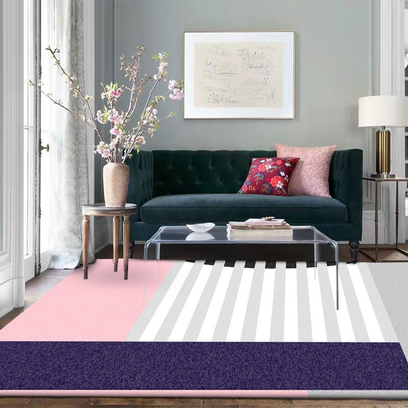 Modern Colorblock Striped Print Rug Pink and Multicolor Polyester Rug Machine Washable Anti-Slip Area Rug for Bedroom Grey Clearhalo 'Area Rug' 'Modern' 'Rugs' Rug' 1585777