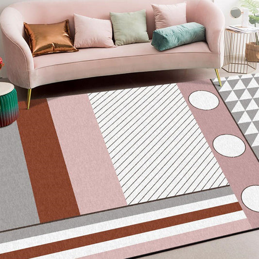 Contemporary Circle Striped Pattern Rug Pink and White Polyester Rug Machine Washable Anti-Slip Area Rug for Bedroom Pink Clearhalo 'Area Rug' 'Modern' 'Rugs' Rug' 1585872