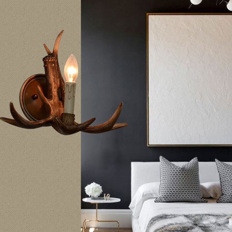 Resin Candle Wall Sconce with Antlers Deco 1 Head Rustic Wall Light in Brown for Cottage Brown Clearhalo 'Wall Lamps & Sconces' 'Wall Lights' Lighting' 158706