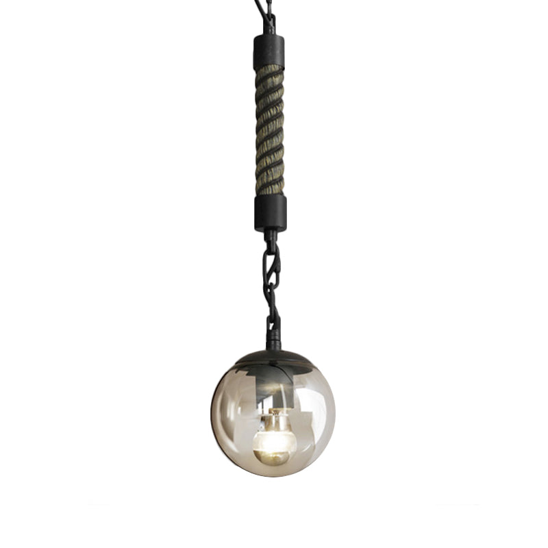 1 Light Tan Glass Pendant Light Lodge Stylish Black Finish Ball Restaurant Hanging Light with Rope Clearhalo 'Ceiling Lights' 'Glass shade' 'Glass' 'Industrial Pendants' 'Industrial' 'Middle Century Pendants' 'Pendant Lights' 'Pendants' 'Tiffany' Lighting' 158812