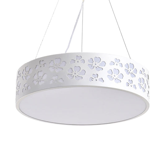 Drum Hanging Light Nordic Metal LED White Ceiling Light with Etched Flower in White/Warm/Natural Light, 12"/15"/19" Wide Clearhalo 'Ceiling Lights' 'Modern Pendants' 'Modern' 'Pendant Lights' 'Pendants' Lighting' 158848