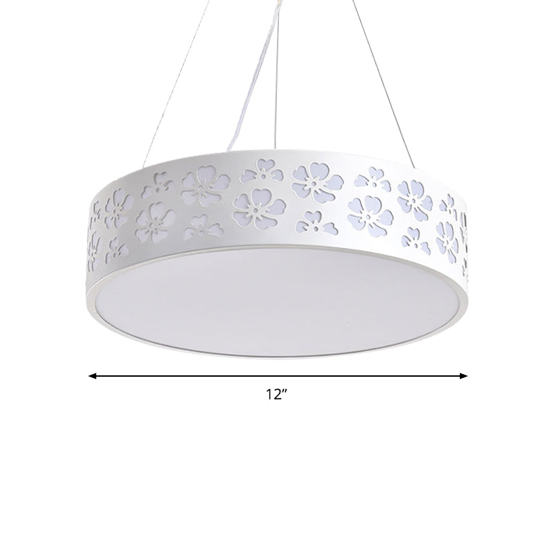 Drum Hanging Light Nordic Metal LED White Ceiling Light with Etched Flower in White/Warm/Natural Light, 12"/15"/19" Wide Clearhalo 'Ceiling Lights' 'Modern Pendants' 'Modern' 'Pendant Lights' 'Pendants' Lighting' 158849