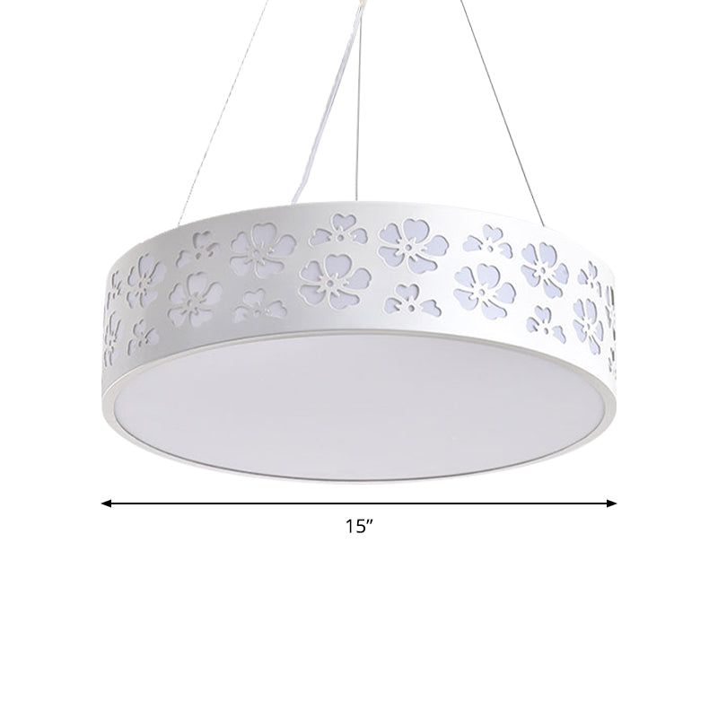 Drum Hanging Light Nordic Metal LED White Ceiling Light with Etched Flower in White/Warm/Natural Light, 12"/15"/19" Wide Clearhalo 'Ceiling Lights' 'Modern Pendants' 'Modern' 'Pendant Lights' 'Pendants' Lighting' 158850