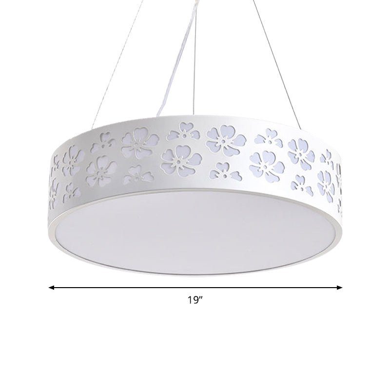 Drum Hanging Light Nordic Metal LED White Ceiling Light with Etched Flower in White/Warm/Natural Light, 12"/15"/19" Wide Clearhalo 'Ceiling Lights' 'Modern Pendants' 'Modern' 'Pendant Lights' 'Pendants' Lighting' 158851